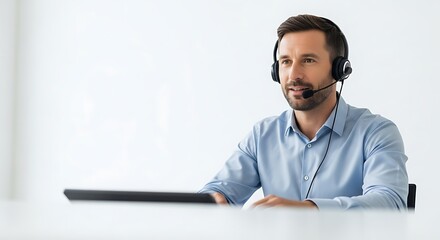 Friendly customer service representative wearing a headset in a bright office