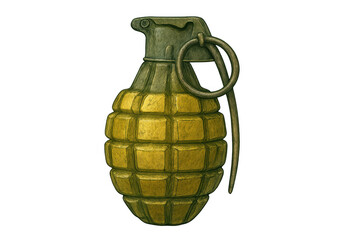 Obraz premium Military fragmentation grenade with a pin, an explosive weapon asset for gaming or war concepts. Transparent background