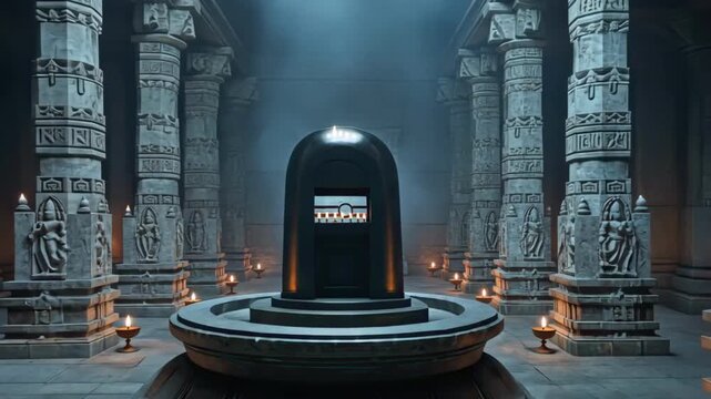 Shiva Linga at the center of a vast empty temple hall with symmetrical columns and flickering oil lamps