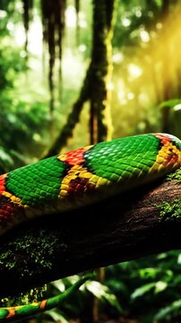 Vibrant green snake with red and yellow markings coiled on a moss covered branch in a tropical rainforest setting