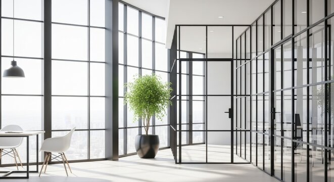 Modern office interior with large windows and natural light in urban setting showcasing contemporary design elements and plants