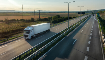 Transportation truck with semi-trailer driving along highway on the sunset background. Services and Transport logistics. Modern Lorry Transport concept. Long Self-driving lorries