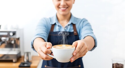 Barista offering a steaming cup of latte art coffee in a cafe setting