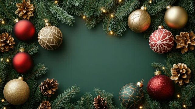Festive christmas background with baubles and pine cones on green pine garland. Merry Christmas, Nativity, Xmas, Noel, Navidad - Global Winter Holiday, Christian Religious Celebration. Happy New Year