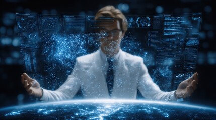 A focused scientist engages with complex data visualizations in a sleek, futuristic workspace inspiring innovation