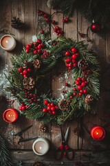 Handcrafted holiday wreath made of pine branches, red berries, and pinecones, surrounded by candles, scissors, and festive decor.