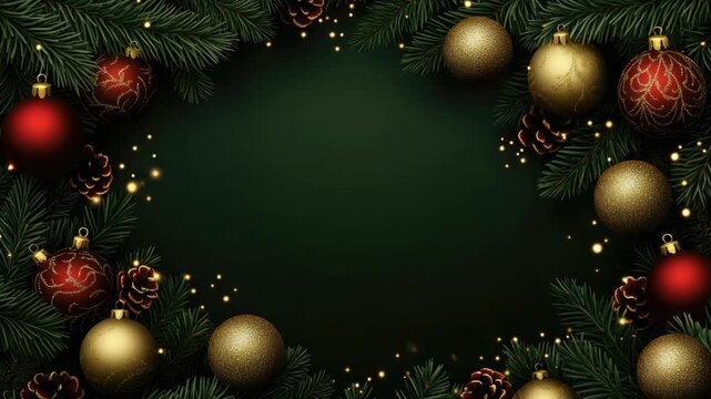 Festive christmas border with red and gold ornaments on green background. Merry Christmas, Nativity, Xmas, Noel, Navidad - Global Winter Holiday, Christian Religious Celebration. Happy New Year