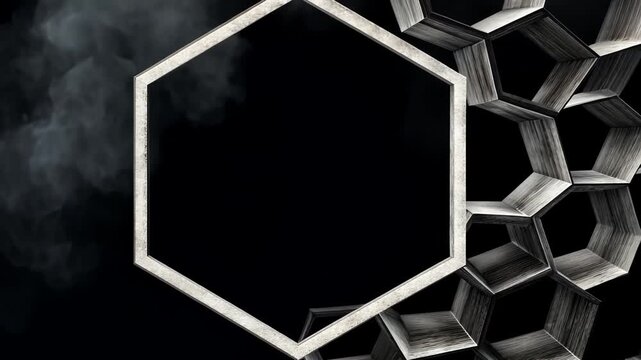 Abstract Black Hexagon Frame with Metallic Texture and Smoke Effect - Modern Minimalist 3D Rendering for Industrial Wall Decor and Dark Aesthetic Visual Design