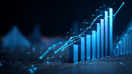 Futuristic blue bar chart illustrating upward financial growth and data trends
