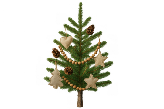 Small christmas tree decorating with handmade rustic fabric ornaments, wooden garland, and natural pinecones, transparent background - Powered by Adobe