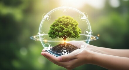 Hands holding a tree surrounded by icons symbolizing environmental care and sustainability efforts during daylight