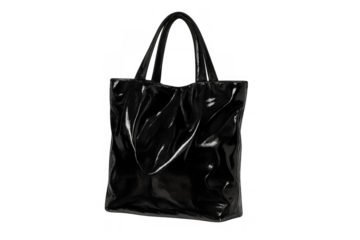 Black patent leather aesthetic tote bag, glossy fashion accessory for women, transparent background
