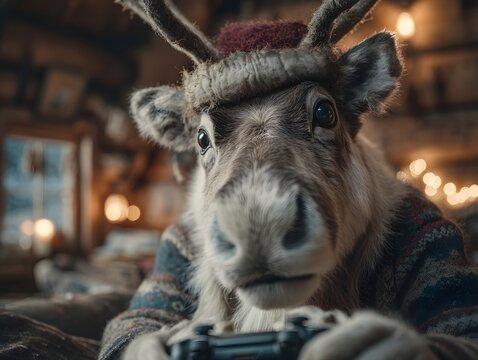 A cute reindeer wearing a Santa hat and holding a game controller inside a cozy cabin, warm firelight and Christmas bokeh creating a funny holiday scene with copy space.