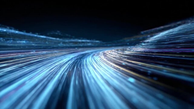 Abstract road with light trails : The image captures a mesmerizing view of a road through a world of speeding light, symbolizing speed and progress