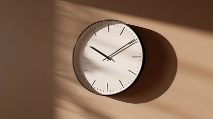 Minimalist round wall clock with roman numerals casting a shadow on a warm toned wall