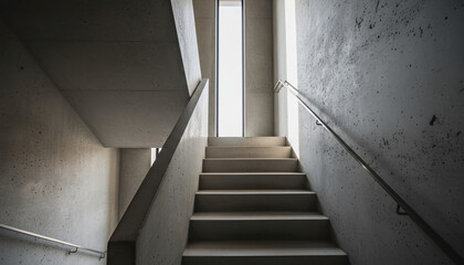 Concrete Staircase Leading Upward Architectural Photography Capturing the Minimalist Design of a Modern Stairwell with Natural Light from a High Window Above
