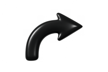 Black curved 3d arrow pointing right, concept of direction, navigation, return, or undo, transparent background