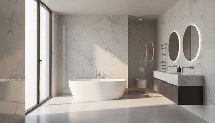 Sleek, serene modern luxury bathroom featuring freestanding tub, elegant white marble walls, dual illuminated mirrors, stylish dark vanity, bathed in warm natural sunlight