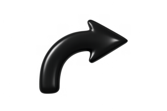 Black curved 3d arrow pointing right, concept of direction, navigation, return, or undo, transparent background