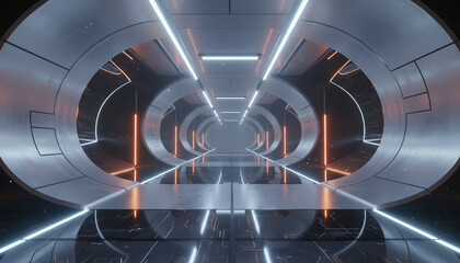 Modern Futuristic Tunnel Architectural Interior with Neon Lights and Smooth Reflections, Evoking a Science Fiction Atmosphere and Technological Design