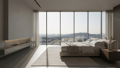 Elegant minimalist bedroom interior with a panoramic window overlooking the city. A concept of modern luxury living with a sleek fireplace and bright, natural sunlight