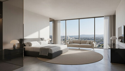 Contemporary luxury bedroom with stunning panoramic city views from expansive windows, complete with a comfortable bed, elegant sofa, and minimalist interior decor for sophisticated urban life