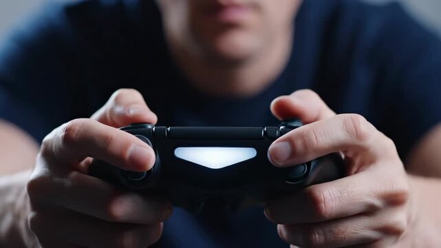 Close-up of hands holding a video game controller, playing a game