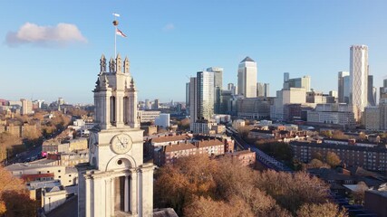 Aerial View of All Saints Church Poplar Overlooking Canary Wharf