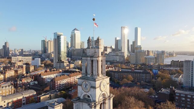 Aerial View of Poplar and Canary Wharf in East London at Sunrise