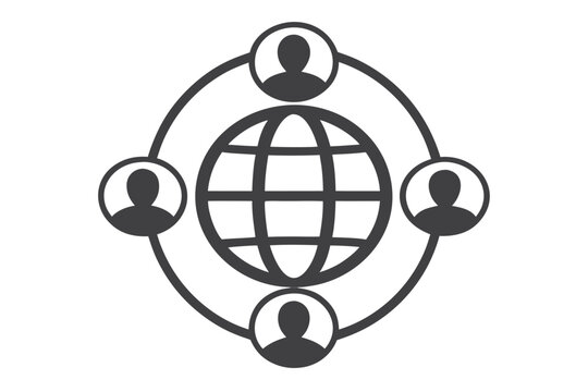 The globe connects the abstract human icons in a circular social network configuration