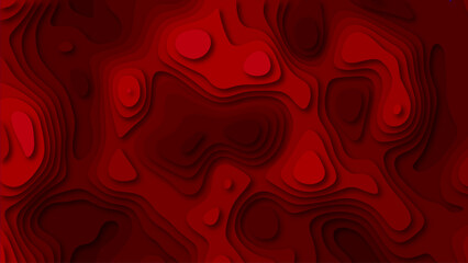 Red Papercut 3D Topographic Background. Layered Paper Art Terrain Waves. Modern Abstract Cutout Landscape Design.