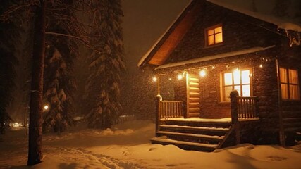 Illuminated wooden cabin exterior during heavy snowfall at night - Powered by Adobe
