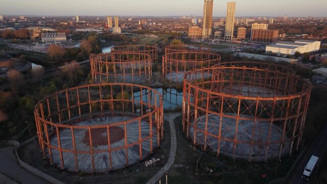 Former Gas Holders at Kings Cross in London at Dusk