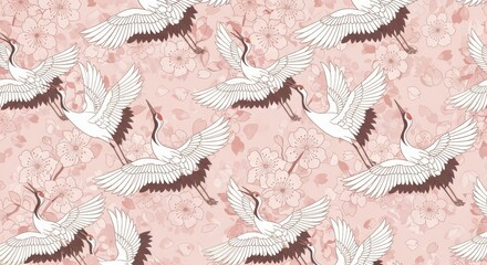 Repeating pattern featuring stylized white birds in flight over a background of pale blossoms