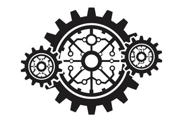 Three black mechanical gears interlock, with intricate circuit patterns inside, on a white backdrop