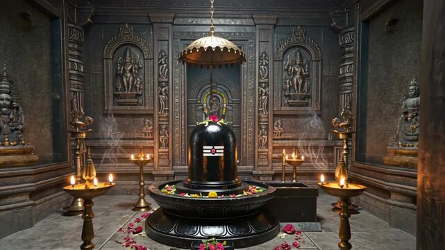 Shiva Linga inside an ornate inner sanctum with bronze door frames and a soft deep-orange lamp glow