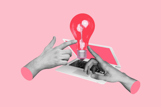 Composite artwork 3D photo collage trend of laptop internet online virtual technology two hand reach idea bulb creative solution challenge