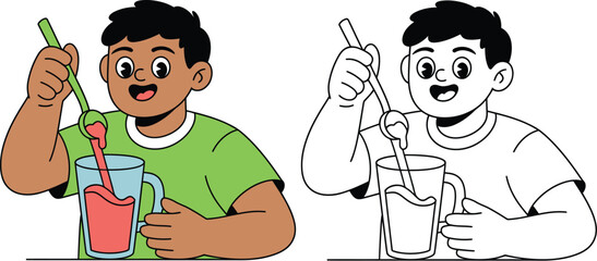 Illustration of boy mixing drink with spoon in glass for beverage concept art