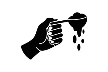 Hand holding spoon with dripping substance illustration black and white vector