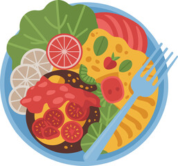 Healthy plate of food with salad tomatoes cheese and citrus fruit illustration