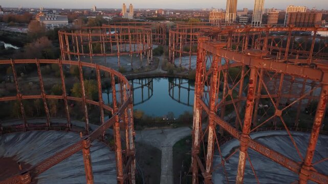 Old Gas Holders in Manchester at Dusk Showing Urban Decay