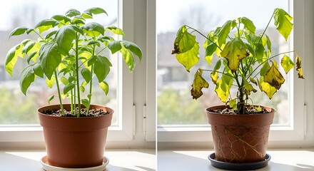 Healthy and Dying Basil Plant Comparison pot windowsill indoor h