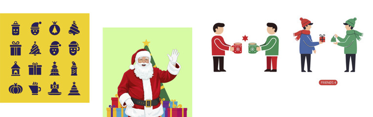 Festive Holiday Scene with Santa, Gifts, and Christmas Decorations.