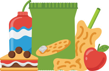 Illustration of junk food including chips cake and drink for unhealthy eating diet