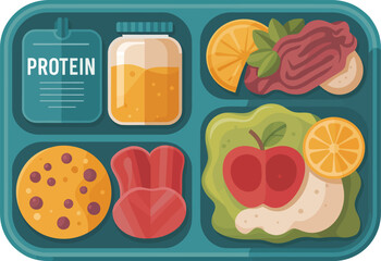Healthy lunchbox food nutrition balanced diet protein fruits vegetables illustration