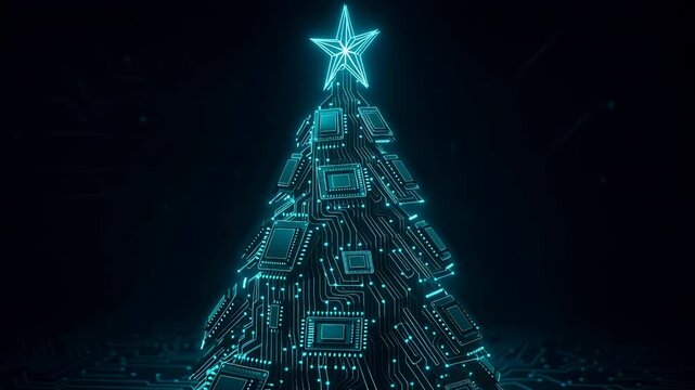 Digital Christmas tree made of circuit board elements and microchips glowing with blue light. Futuristic holiday season concept. Lockdown shot.