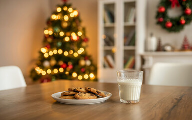 A glass of milk and a plate of cookies sit on a wooden table in front of a christmas tree, waiting for santa claus to arrive on christmas eve christmas