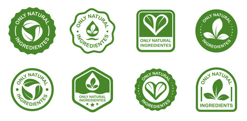 Eco-friendly badges: only natural ingredients emblems and eco icons