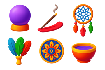 Collection of colorful and whimsical symbols, including a crystal ball