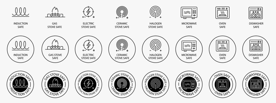 Kitchen appliance safety icons: induction, gas, electric, ceramic, halogen, microwave, oven, dishwasher